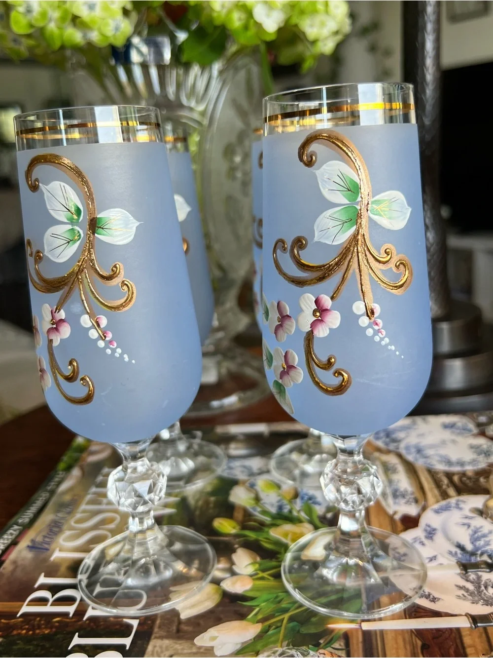 Vtg Czech Crystal Blue Frosted Floral Champagne Glasses - Set of 4